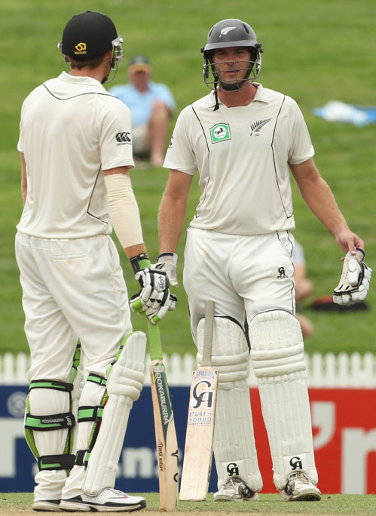 Martin Guptill and Tim McIntosh assess the situation during their stand, only Test, Hamilton, 4th day, February 17, 2010