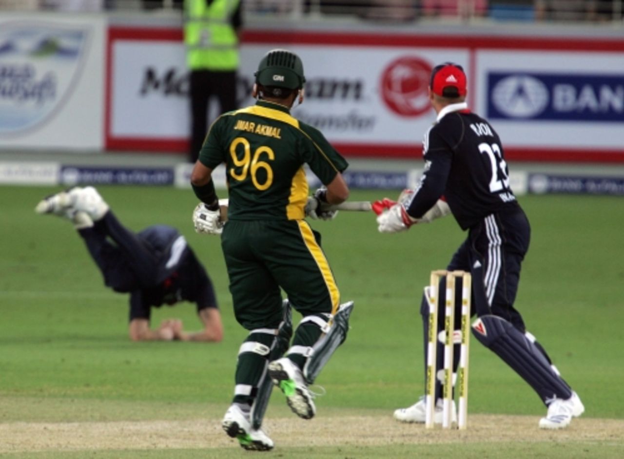Stuart Broad took a superb, tumbling catch to dismiss Umar Akmal, England v Pakistan, 1st Twenty20, Dubai, February 19, 2010