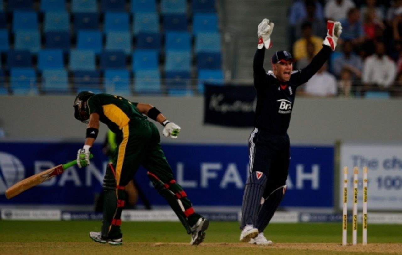 Matt Prior stumped Shoaib Malik to give Graeme Swann a wicket from the first ball of his spell, England v Pakistan, 2nd Twenty20, Dubai, February 20, 2010
