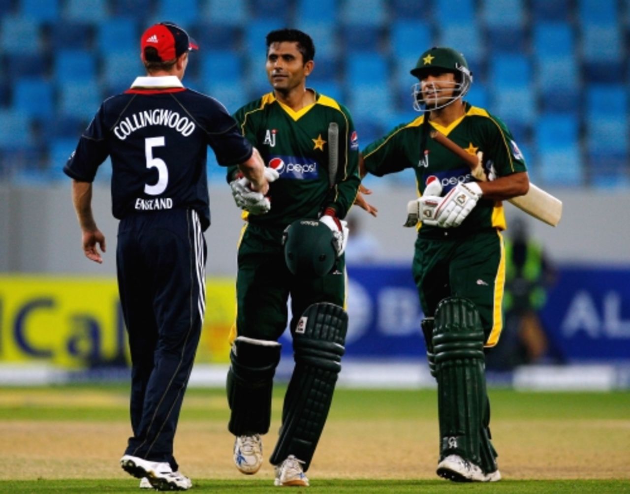 Abdul Razzaq is congratulated by Paul Collingwood, England's captain, after his match-winning innings, England v Pakistan, 2nd Twenty20, Dubai, February 20, 2010