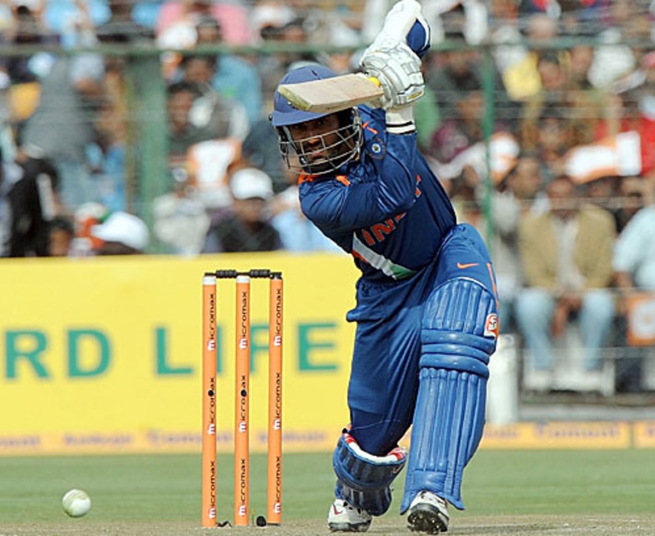 Dinesh Karthik plays a carpet drive through the covers, India v South Africa, 1st ODI, Jaipur, February 21, 2010