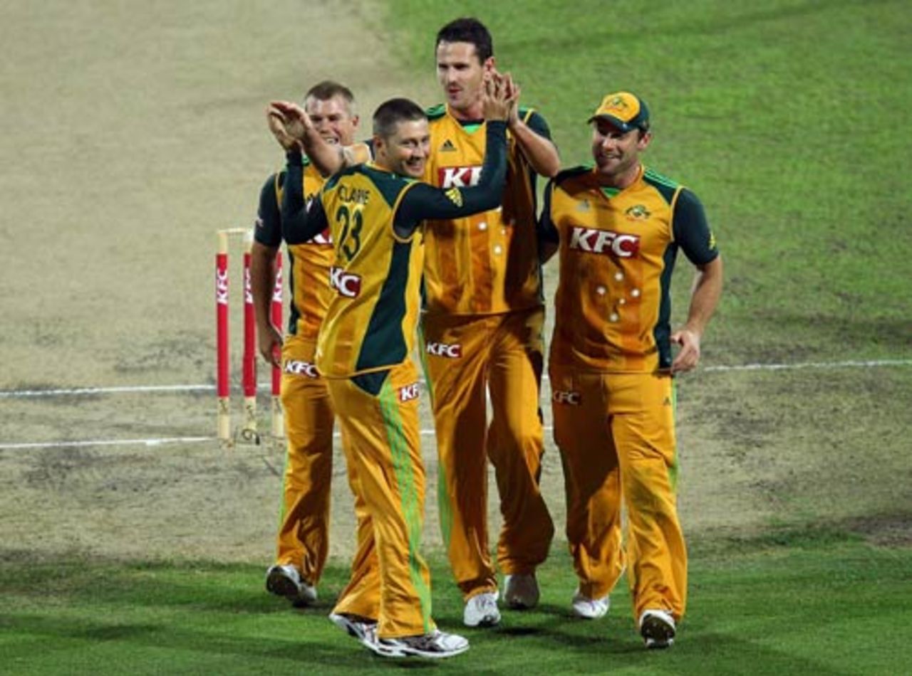 Shaun Tait celebrates one of his three wickets, Australia v West Indies, 1st Twenty20, Hobart, February 21, 2010