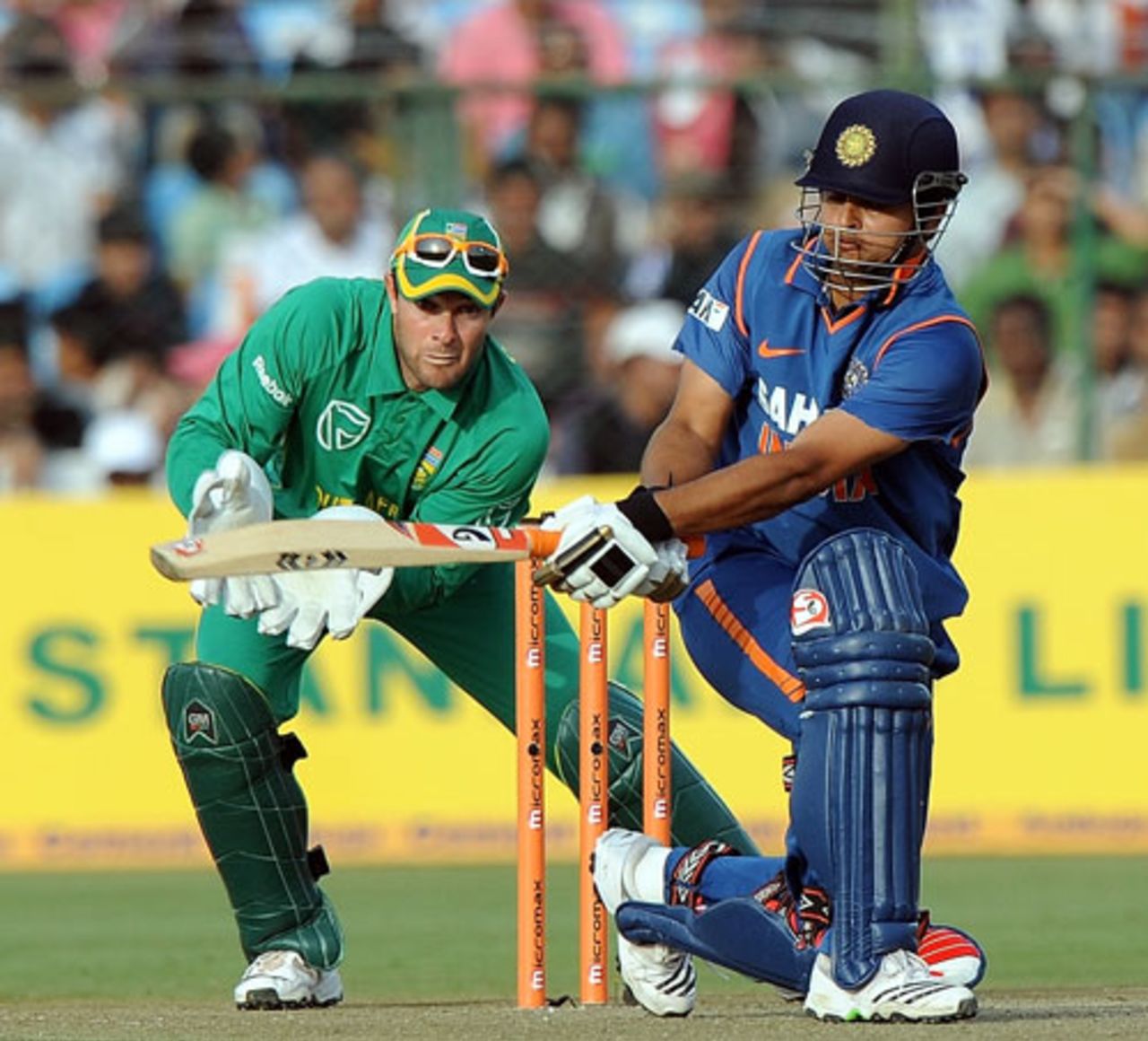 Mark Boucher watches as Suresh Raina sweeps, India v South Africa, 1st ODI, Jaipur, February 21, 2010
