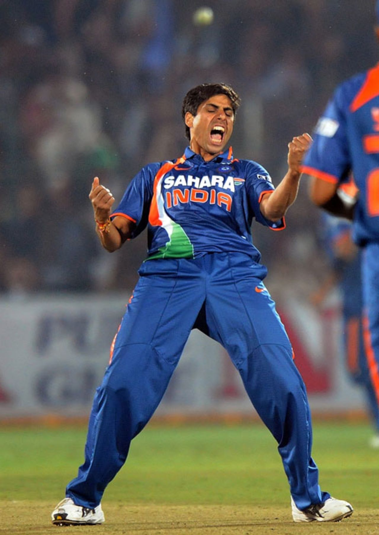 Ashish Nehra is ecstatic after scalping Albie Morkel, India v South Africa, 1st ODI, Jaipur, February 21, 2010