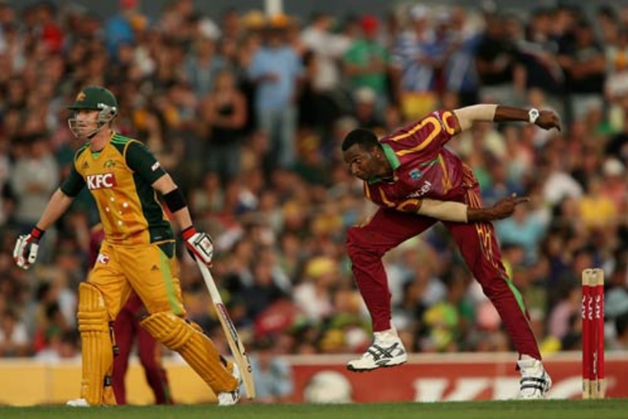 Kieron Pollard sends down a delivery, Australia v West Indies, 1st Twenty20, Hobart, February 21, 2010