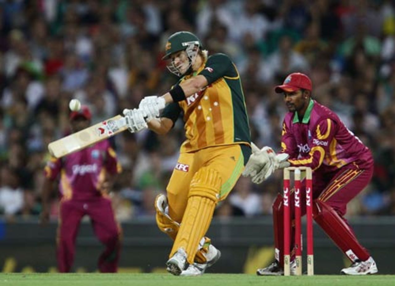Shane Watson goes over the top during his 62 from 33 balls, Australia v West Indies, 2nd Twenty20, Sydney, February 23, 2010