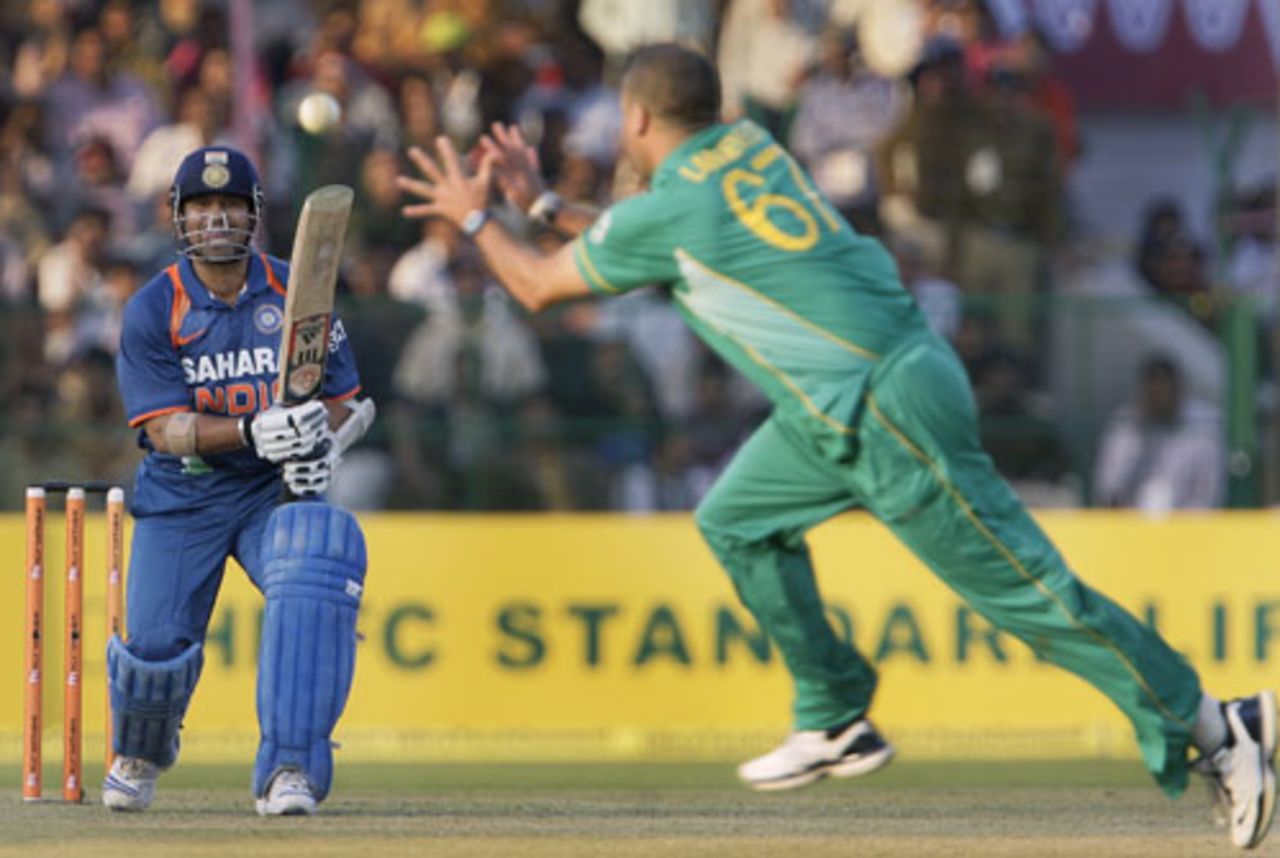 Sachin Tendulkar hits Charl Langeveldt down the ground, 2nd ODI, Gwalior, February 24, 2010