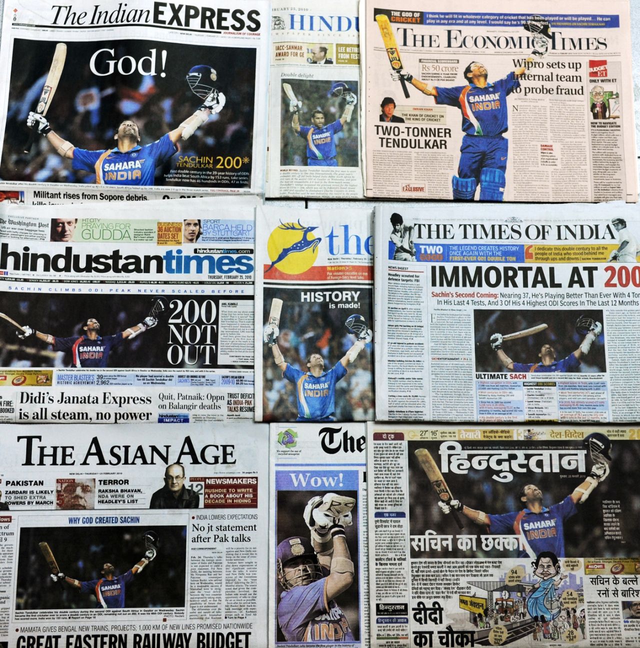 Sachin Tendulkar takes over the front pages after scoring the first ever 200 in ODI history, February 25, 2010