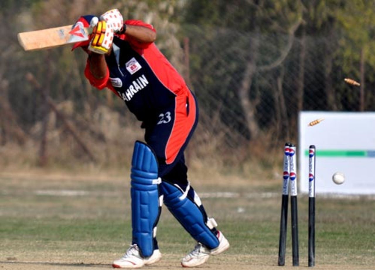 Abdul Majeed is bowled, Bahrain v Fiji, ICC World Cricket League Division 5, February 26, 2010