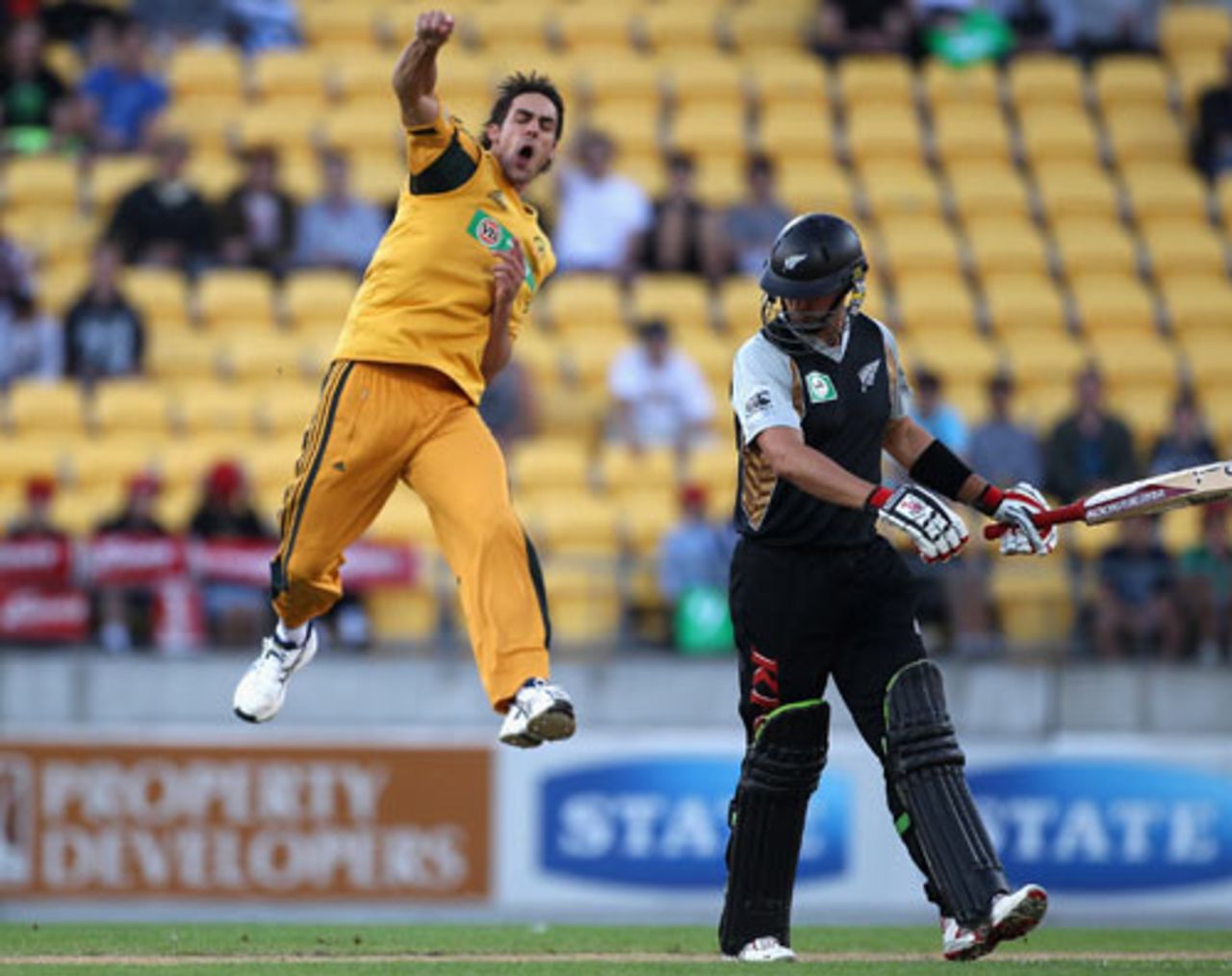 Mitchell Johnson is overjoyed after dismissing Peter Ingram, New Zealand v Australia, 1st Twenty20, Wellington, February 26, 2010