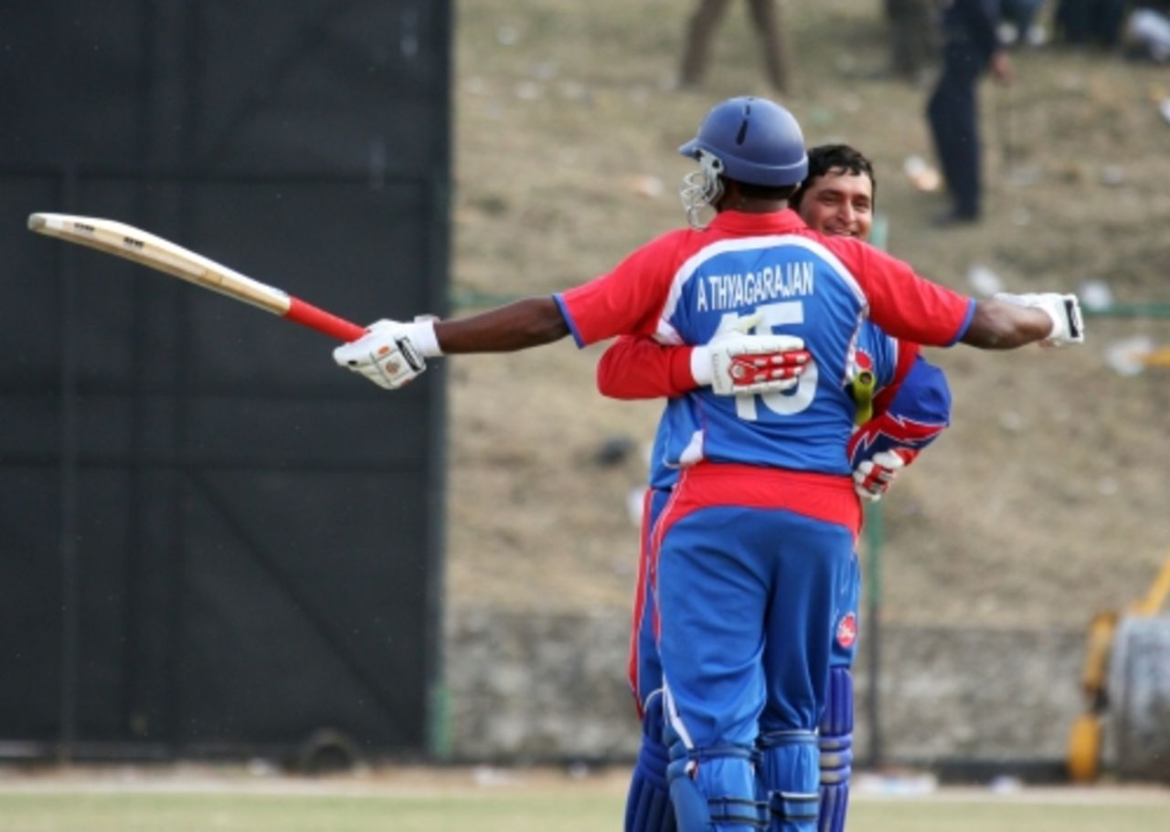 Sushil Nadkarni and Aditya Thyagarajan celebrate USA's victory, Nepal v USA, World Cricket League Division 5, Nepal, February 26, 2010