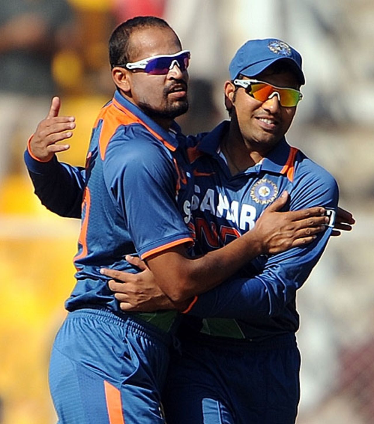 Yusuf Pathan and Rohit Sharma celebrate India's first breakthrough, India v South Africa, 3rd ODI, Ahmedabad, February 27, 2010