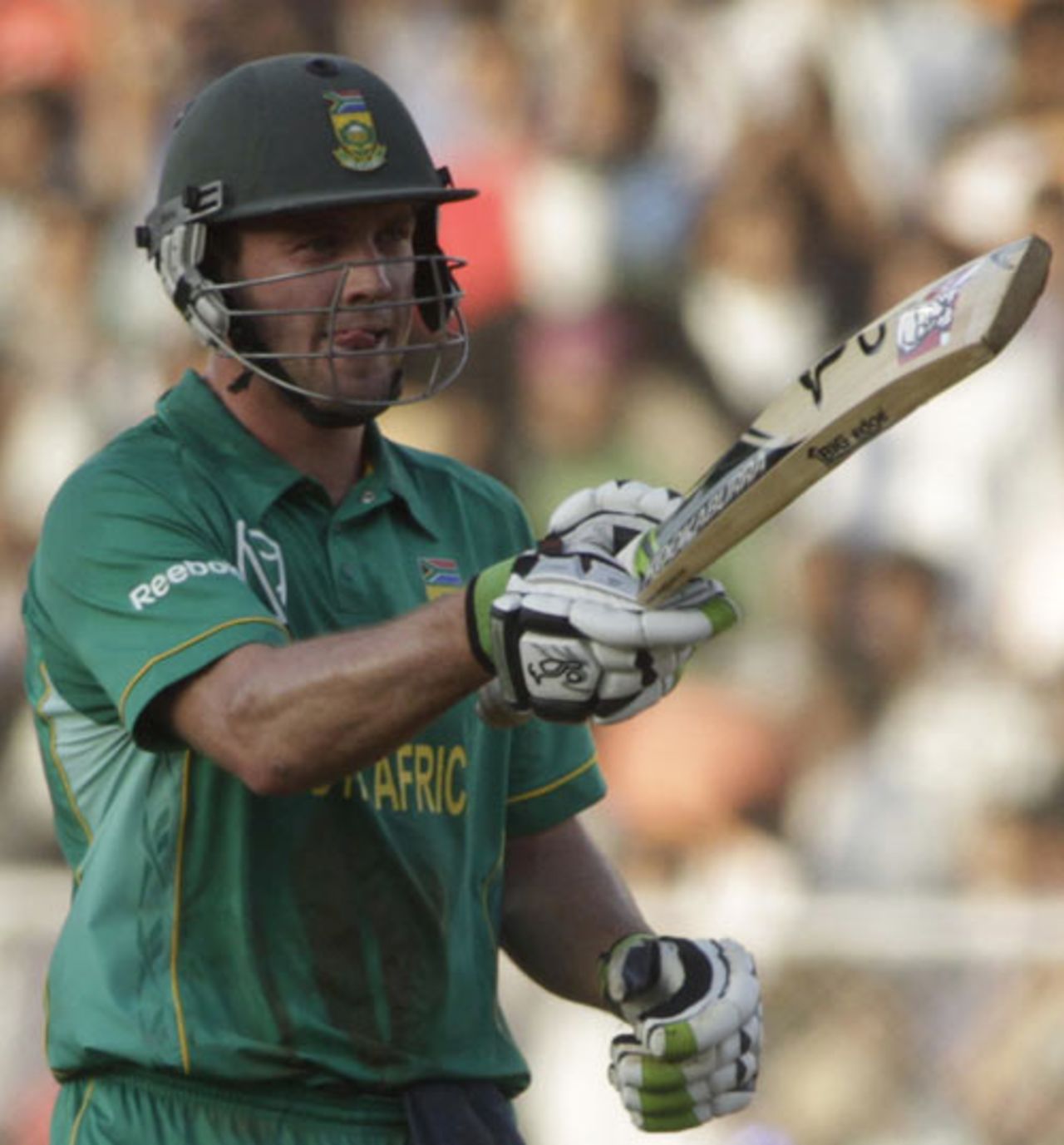 AB de Villiers signals his hundred, India v South Africa, 3rd ODI, Ahmedabad, February 27, 2010