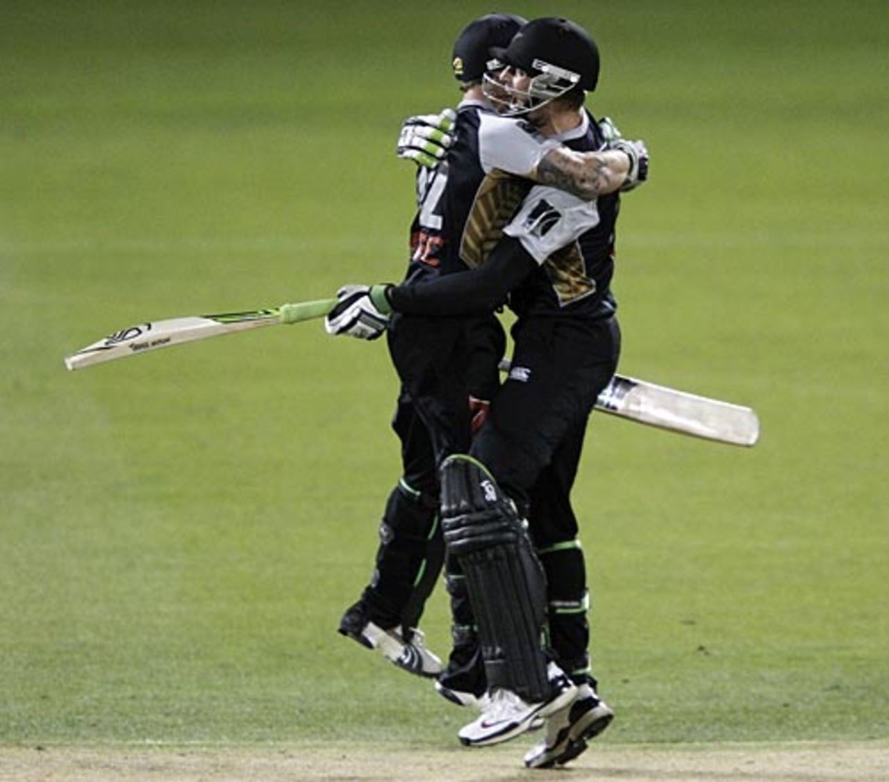 Martin Guptill and Brendon McCullum celebrate the victory, New Zealand v Australia, 2nd Twenty20 international, Christchurch, February 28, 2010