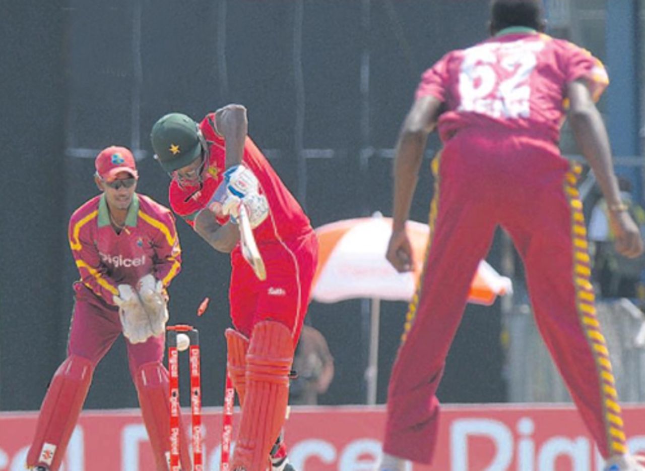Vusi Sibanda is bowled by Suleiman Benn with the first ball of the match, West Indies v Zimbabwe, only Twenty20, Trinidad, February 28, 2010