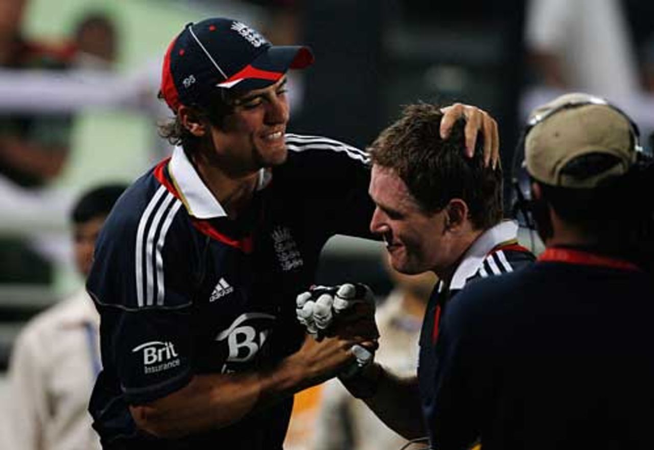 Alastair Cook congratulates Eoin Morgan after his match-winning hundred, Bangladesh v England, 2nd ODI, Dhaka, March 2, 2010