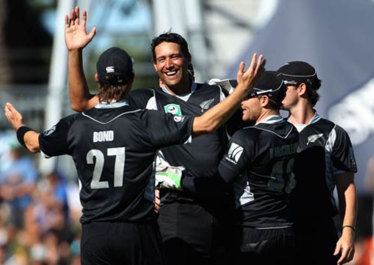 Daryl Tuffey celebrates one of his three wickets, New Zealand v Australia, 1st ODI, Napier, March 3, 2010