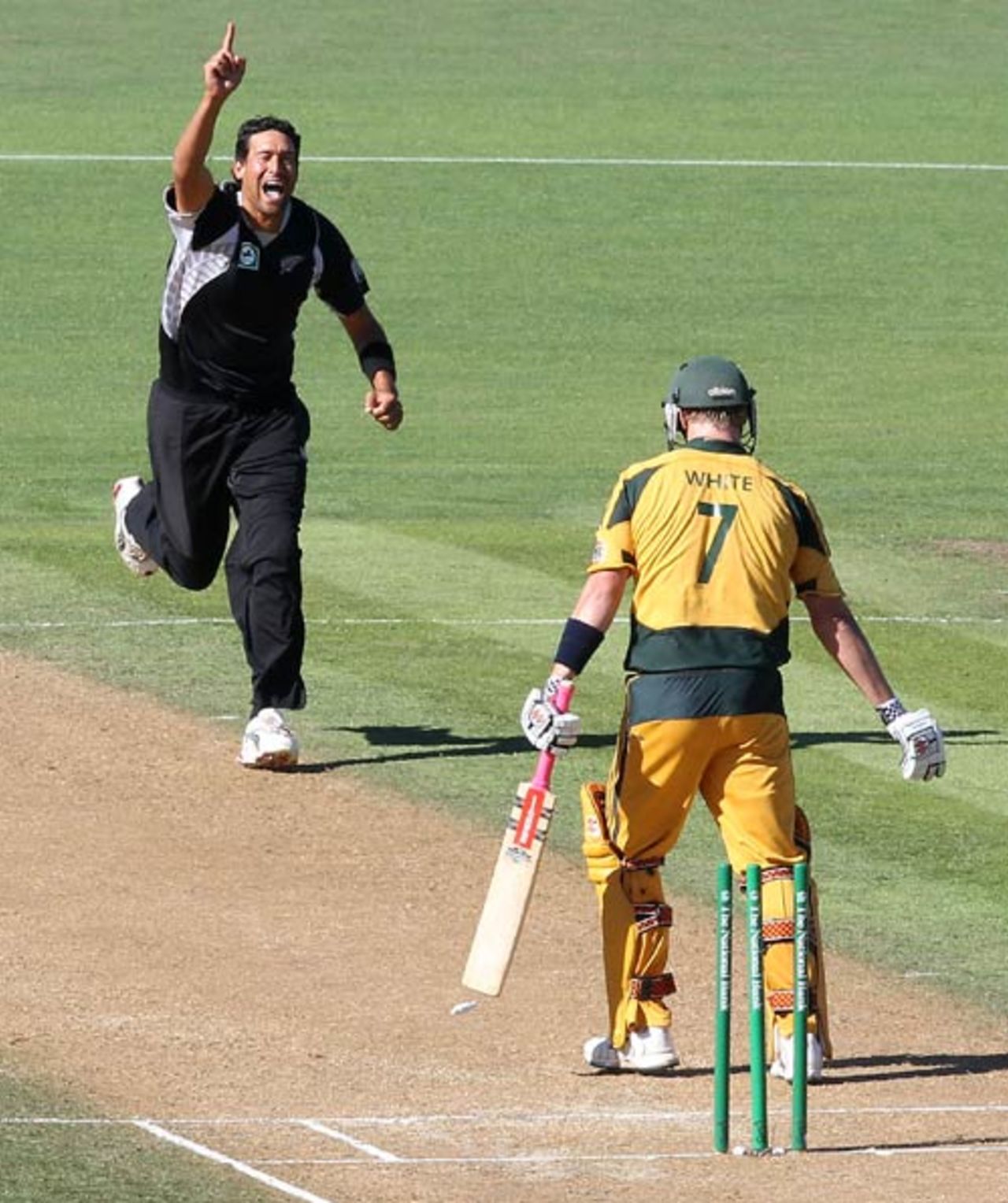 Daryl Tuffey knocks back Cameron White's off stump, New Zealand v Australia, 1st ODI, Napier, March 3, 2010