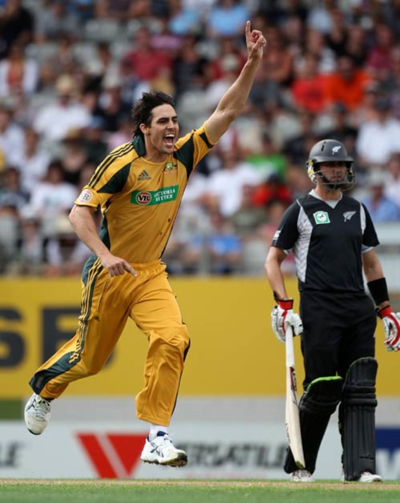 Mitchell Johnson celebrates removing Brendon McCullum, New Zealand v Australia, 2nd ODI, Auckland, March 6, 2010