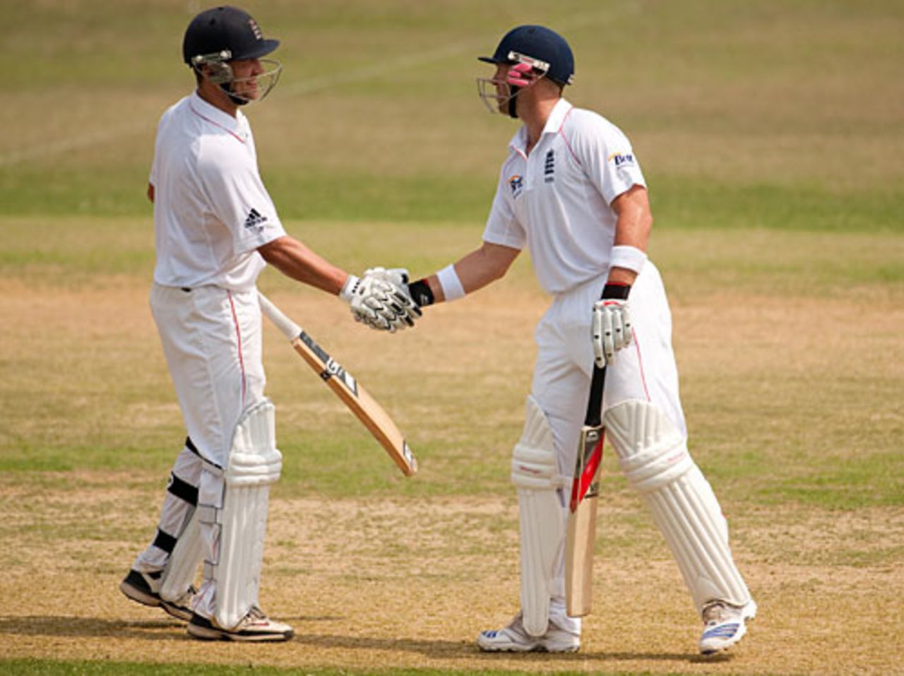 Jonathan Trott is congratulated by Matt Prior for reaching his hundred, Bangladesh A v England XI, tour match, Chittagong, 2nd day, March 8, 2010