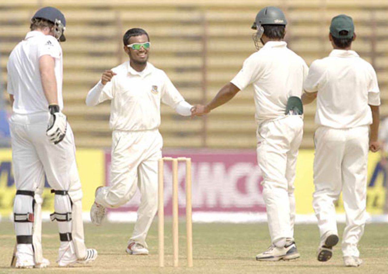 Mehrab Hossain Jr. celebrates the wicket of Ian Bell, Bangladesh A v England XI, tour match, Chittagong, 2nd day, March 8, 2010