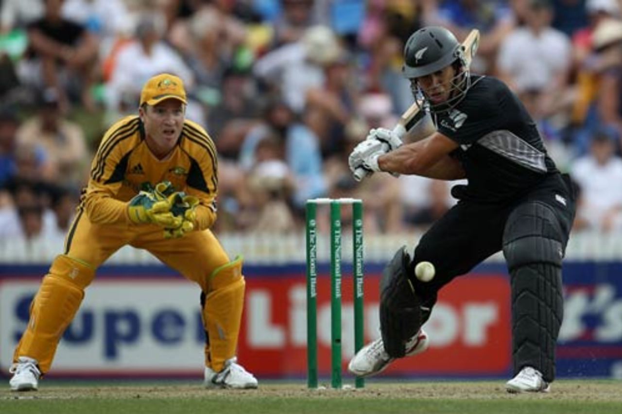 Ross Taylor watches the ball closely during his 62, New Zealand v Australia, 3rd ODI, Hamilton, March 9, 2010
