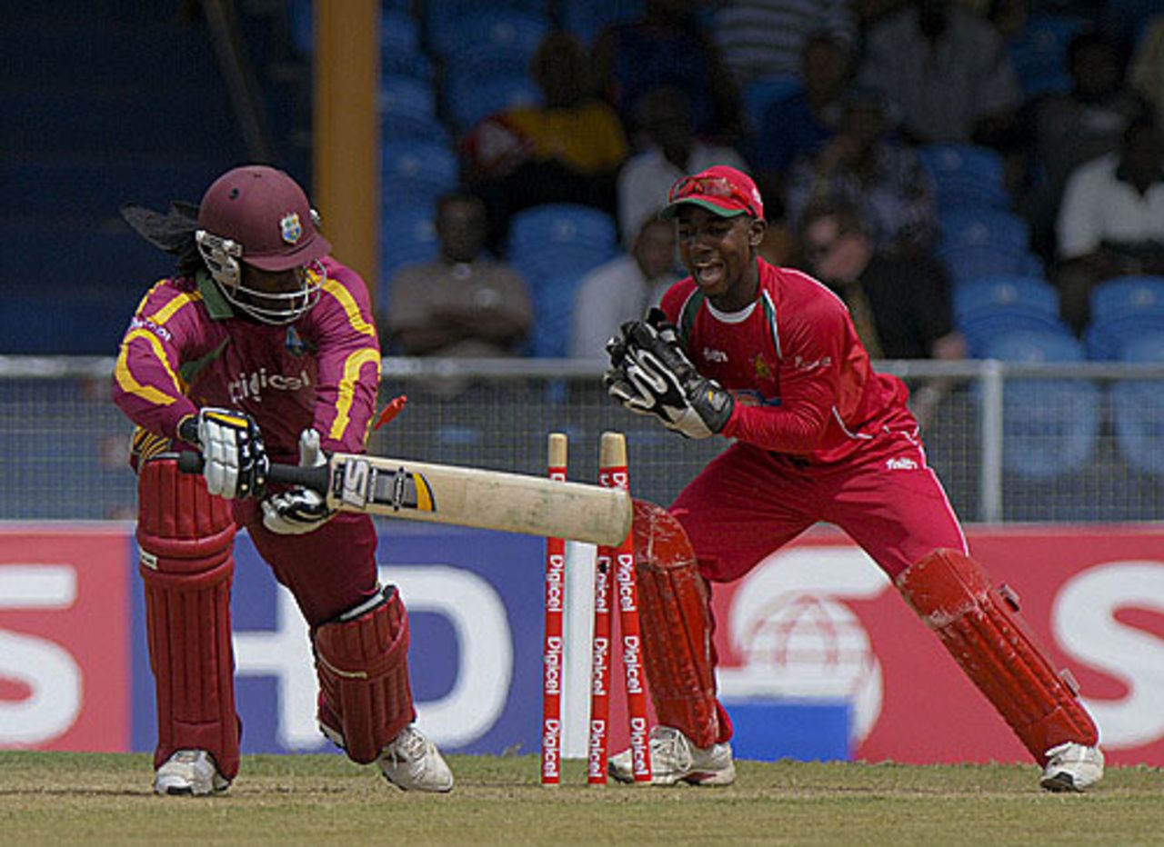 Chris Gayle is stumped by Tatenda Taibu, West Indies v Zimbabwe, 3rd ODI, Kingstown, March 10, 2010
