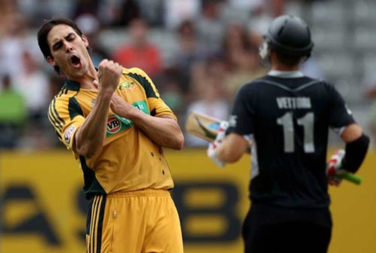 Mitchell Johnson celebrates having Daniel Vettori trapped lbw, New Zealand v Australia, 4th ODI, Auckland, March 11, 2010