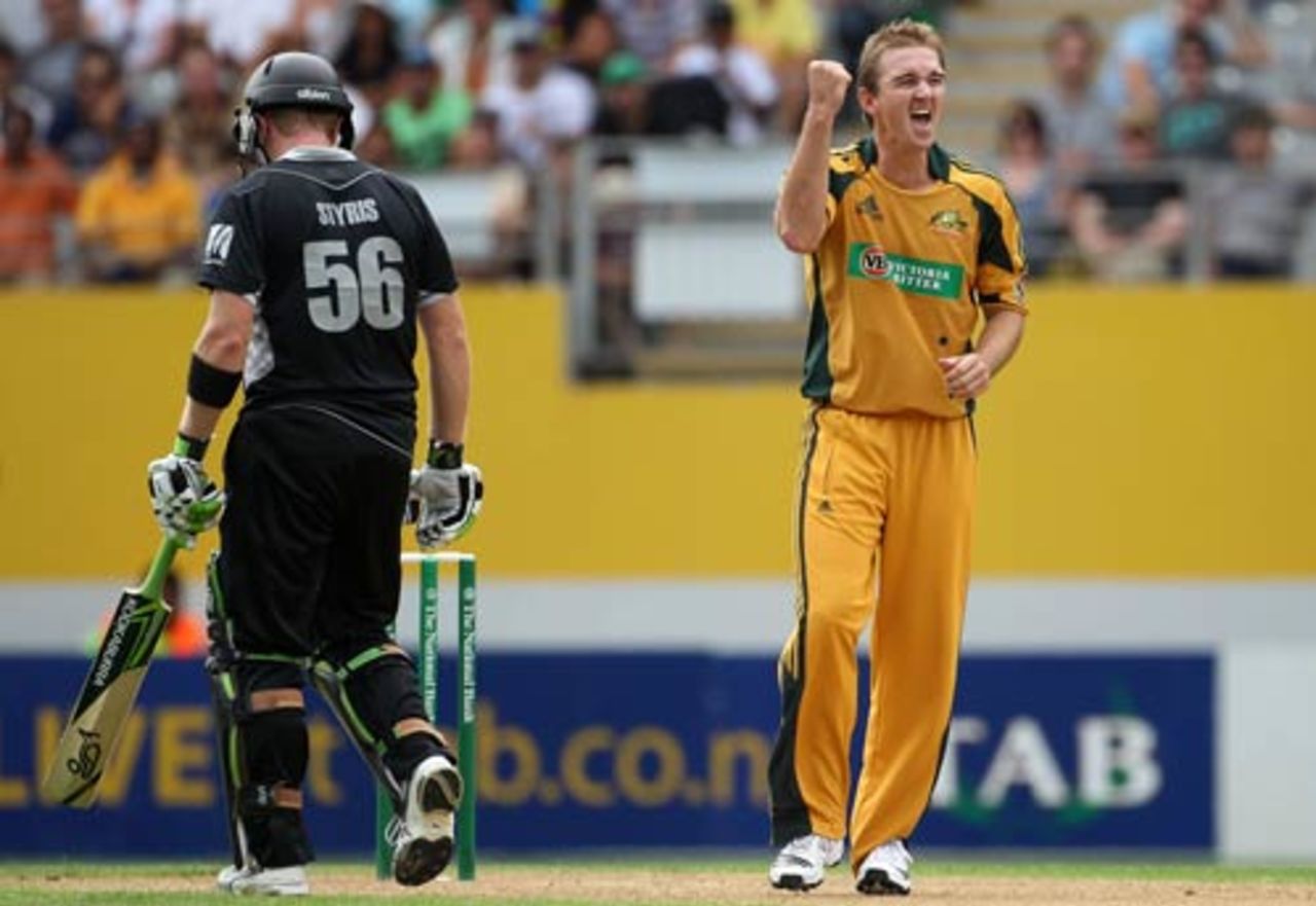 Nathan Hauritz celebrates one of his three wickets, New Zealand v Australia, 4th ODI, Auckland, March 11, 2010