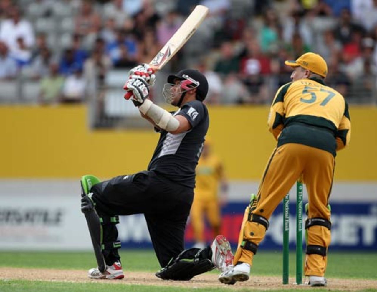 Daryl Tuffey slog-sweeps for six, New Zealand v Australia, 4th ODI, Auckland, March 11, 2010