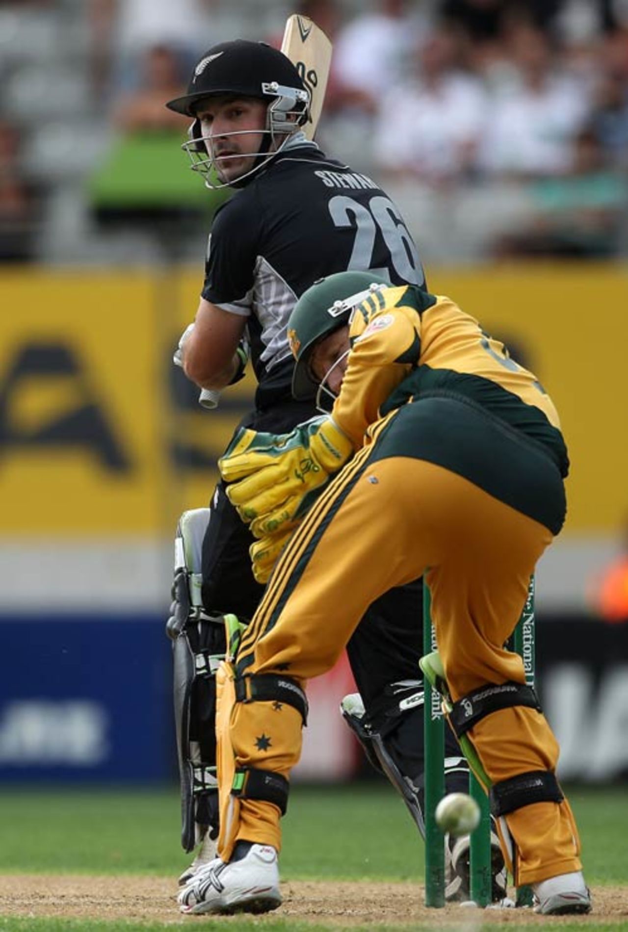 Shanan Stewart glances to leg during his international debut, New Zealand v Australia, 4th ODI, Auckland, March 11, 2010