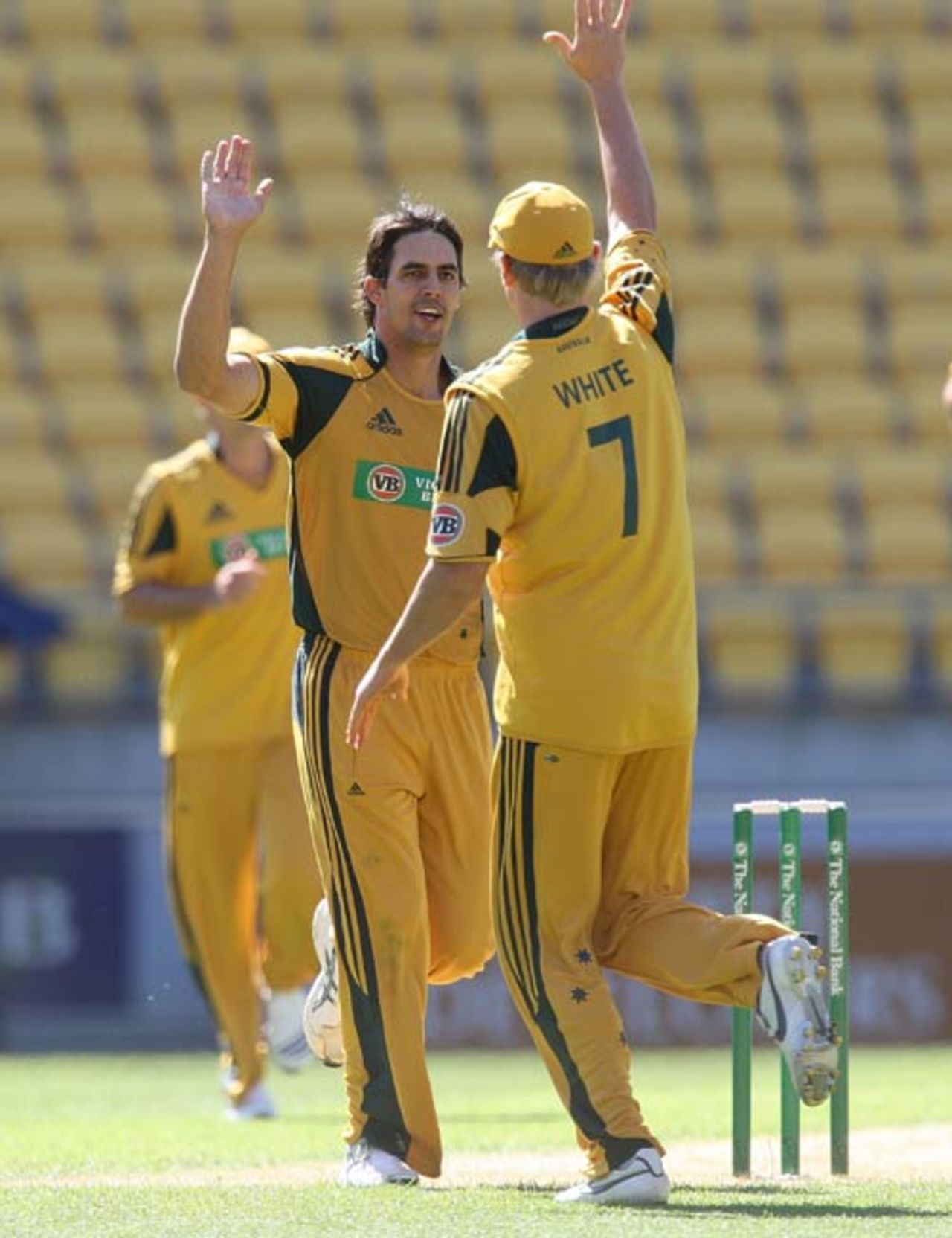 Mitchell Johnson celebrates the wicket of Shanan Stewart, New Zealand v Australia, 5th ODI, Wellington, March 13, 2010