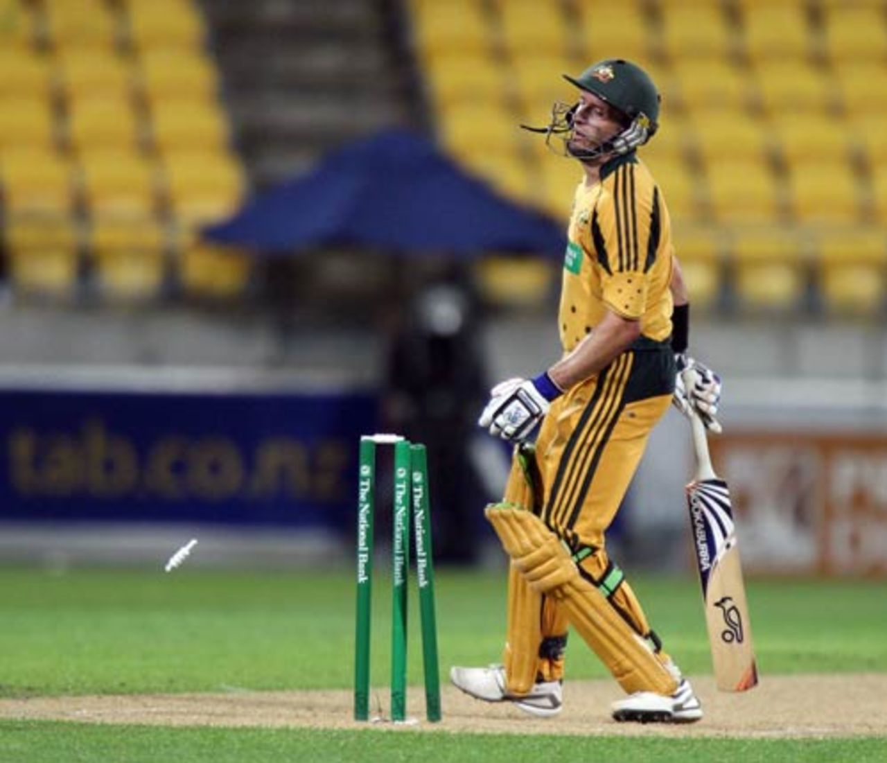 A disappointed Michael Hussey realises he has been bowled, New Zealand v Australia, 5th ODI, Wellington, March 13, 2010