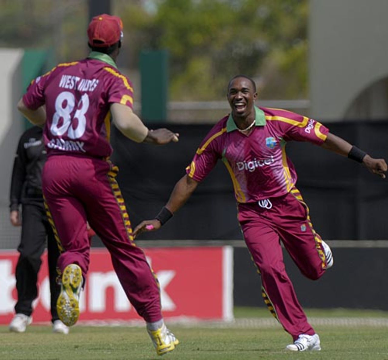 Darren Sammy and Dwayne Bravo celebrate a wicket, West Indies v Zimbabwe, 4th ODI, St. Vincent, March 12, 2010