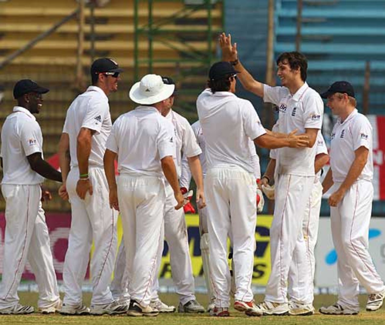 Steven Finn is congratulated on his first Test wicket, Bangladesh v England, 1st Test, Chittagong, March 14, 2010