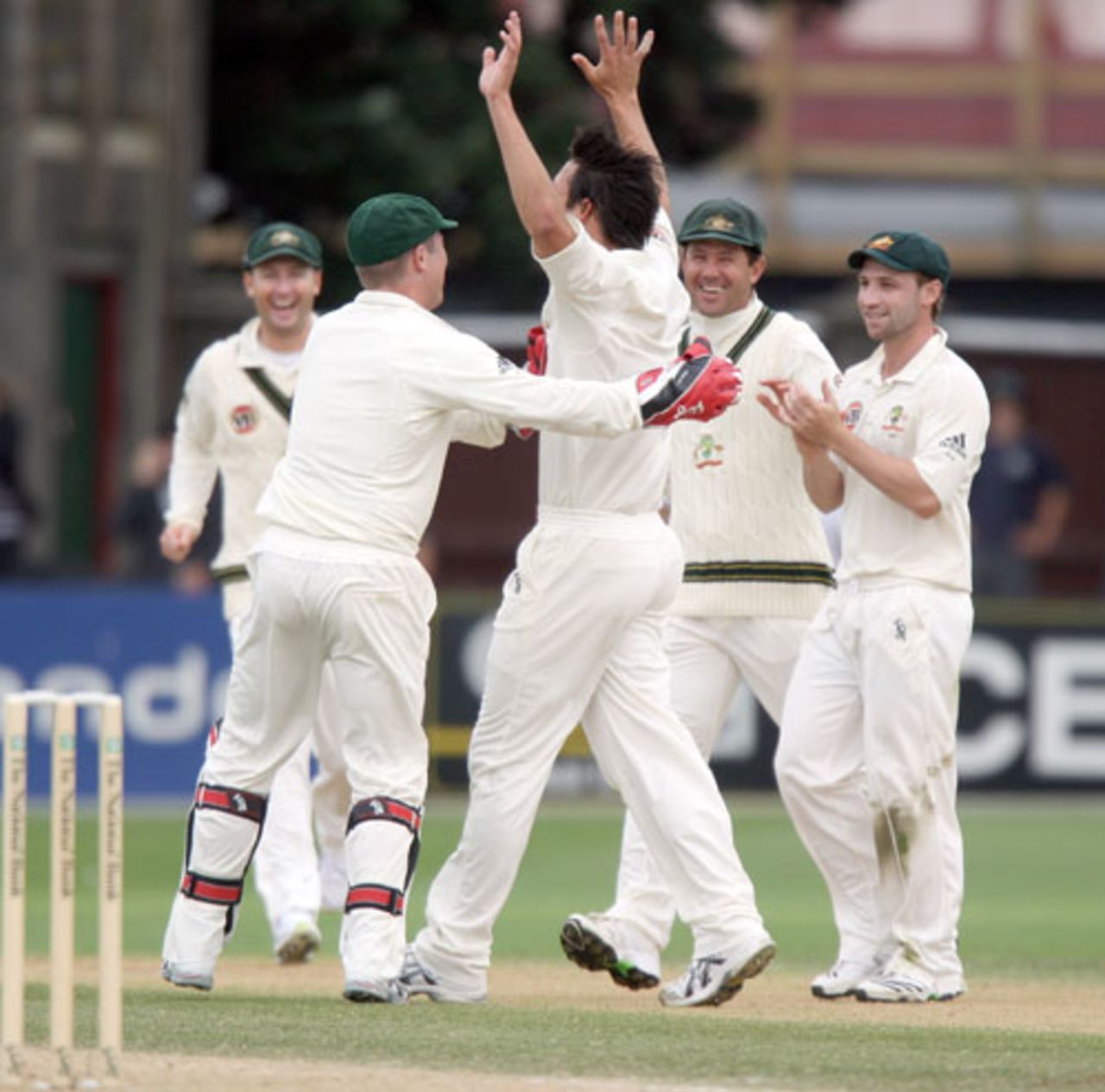 Mitchell Johnson is congratulated on his stunning run-out of Peter Ingram, 1st Test, 2nd day, Wellington, March 20, 2010