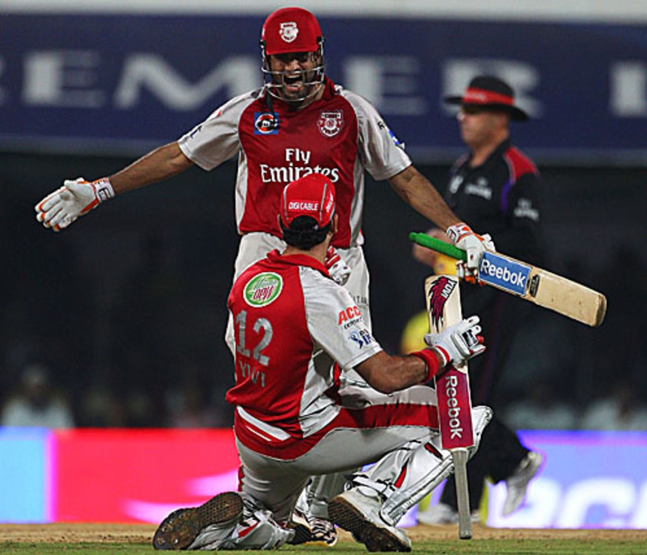 Irfan Pathan rushes to Yuvraj Singh after sealing the win in the Super Over, Chennai Super Kings v Kings XI Punjab, IPL, Chennai, March 21, 2010