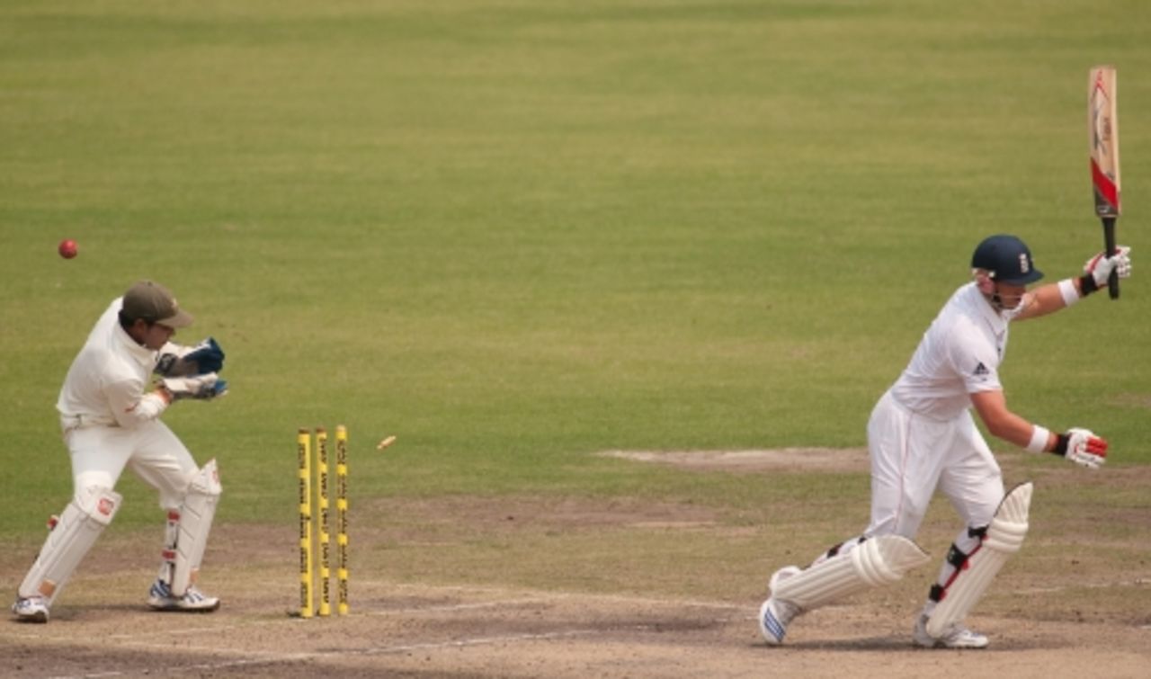 Matt Prior charged down the wicket to Shakib al Hasan, only to be beaten in the flight and bowled, Bangladesh v England, 2nd Test, Dhaka, 3rd day, March 22, 2010