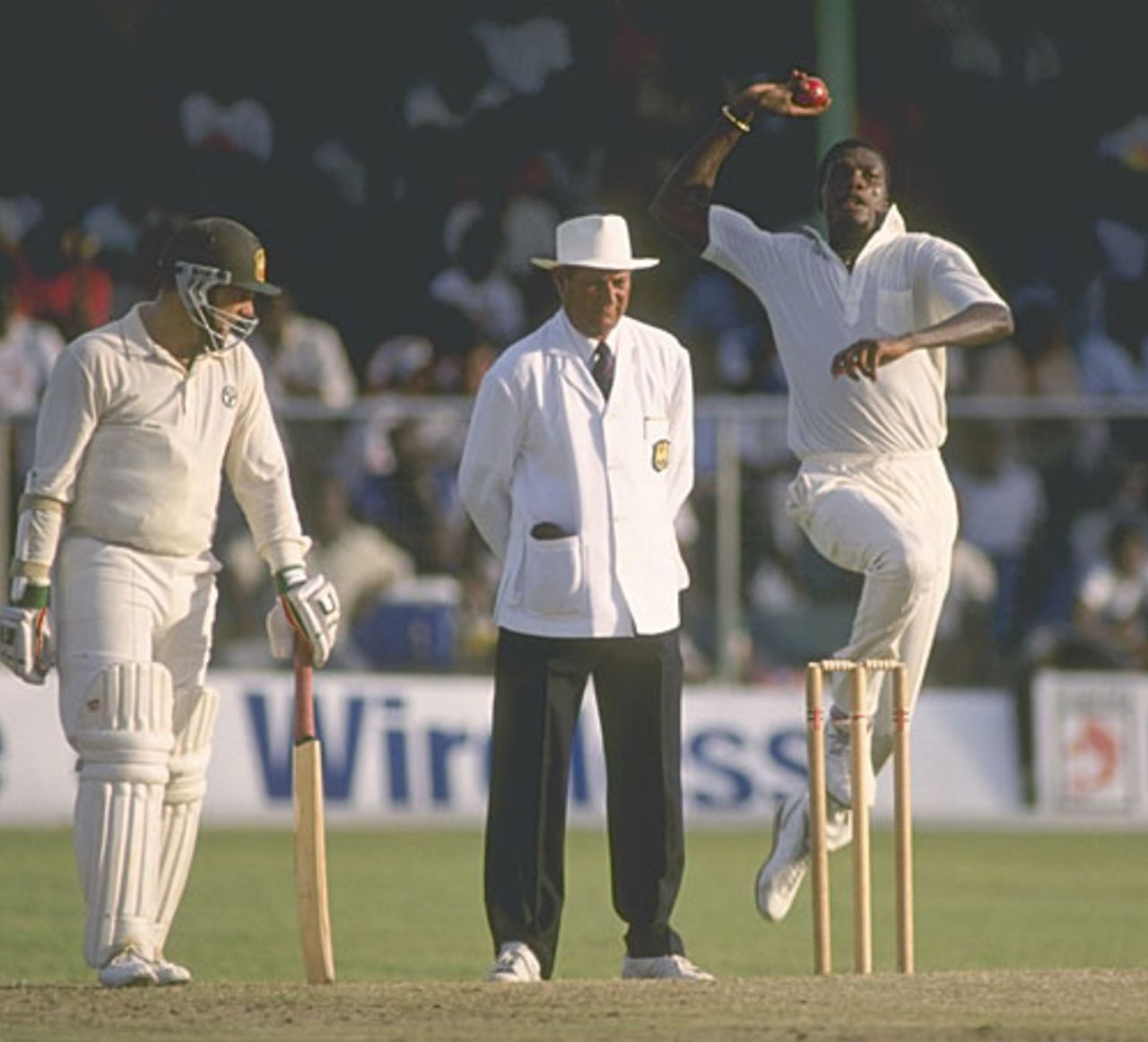 Curtly Ambrose bowls, West Indies v Australia, 4th Test, Barbados, April 19, 1991