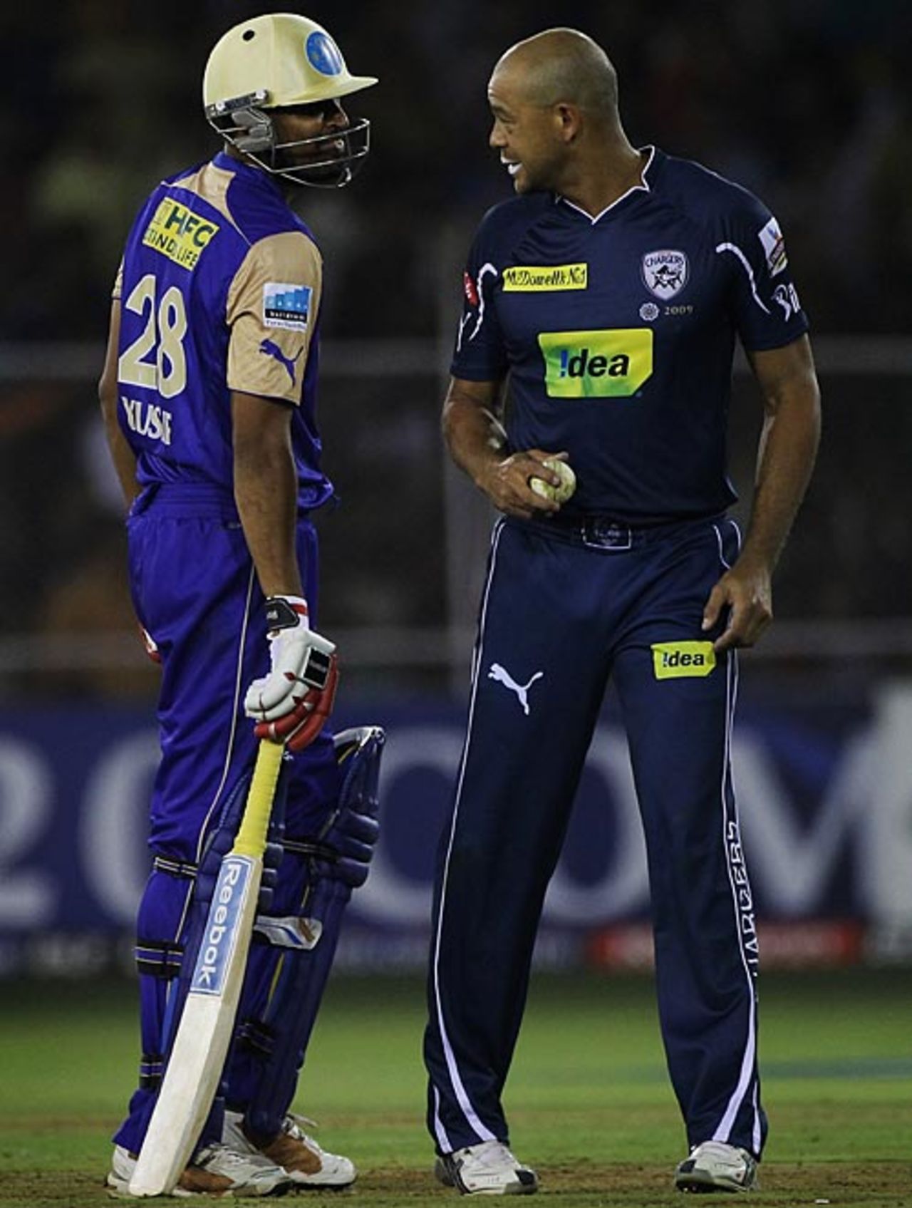 Andrew Symonds has a word with Yusuf Pathan, Rajasthan Royals v Deccan Chargers, IPL, March 26, 2010