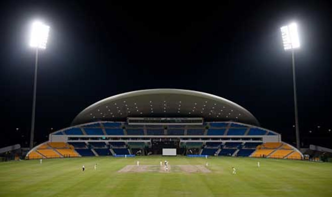 The lights come on at the Sheikh Zayed Stadium, MCC v Durham, Abu Dhabi, March 29, 2010
