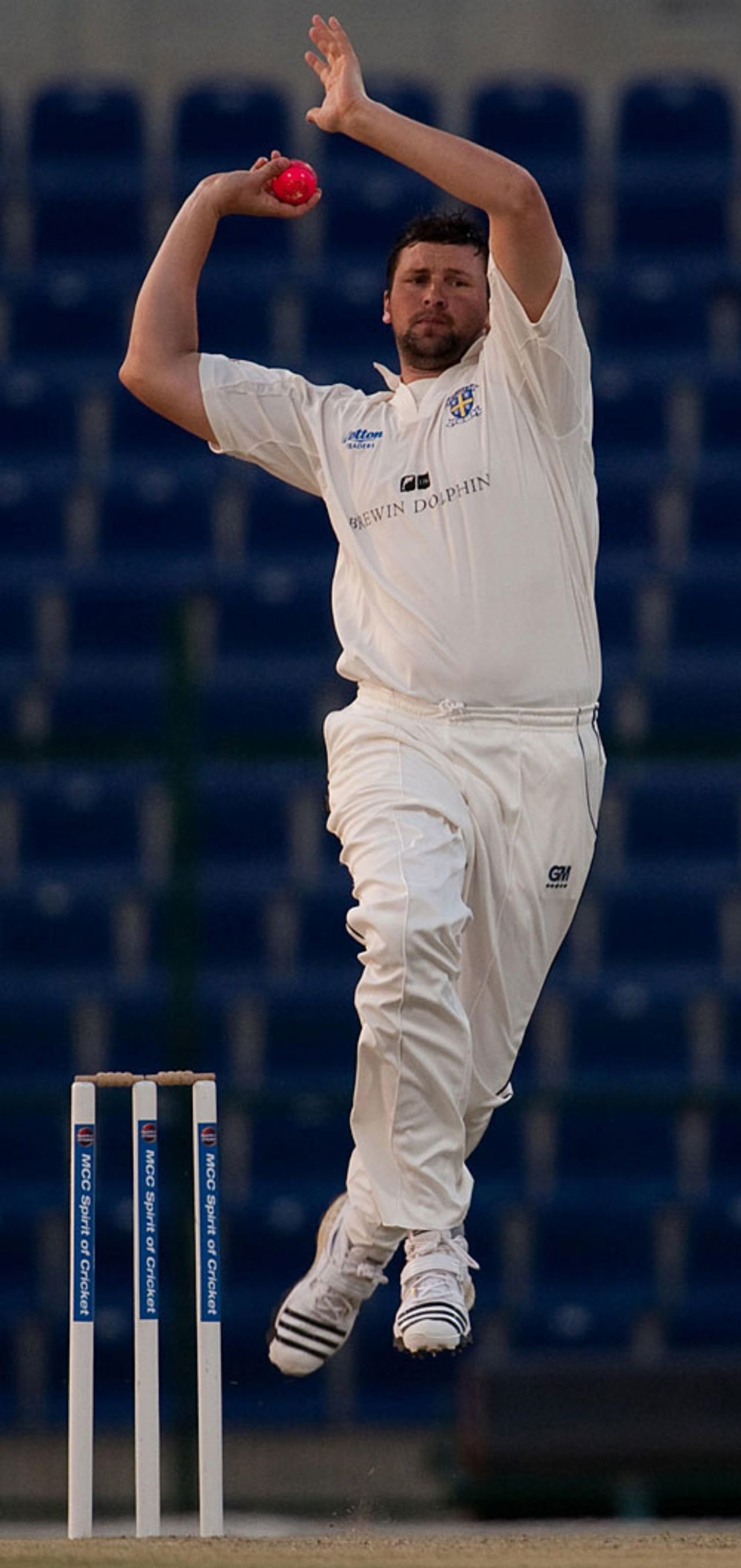 Steve Harmison struck twice with the pink new ball as the Durham bowlers started strongly, MCC v Durham, Abu Dhabi, March 30, 2010
