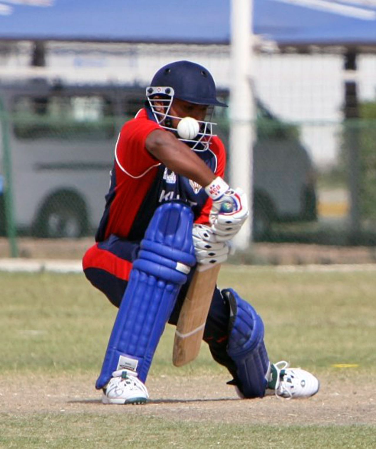 Kuwait's Nikhil Kulkarni gets well forward to negate the spin - Hong Kong v. Kuwait at the ACC Trophy Elite 2010, Kuwait