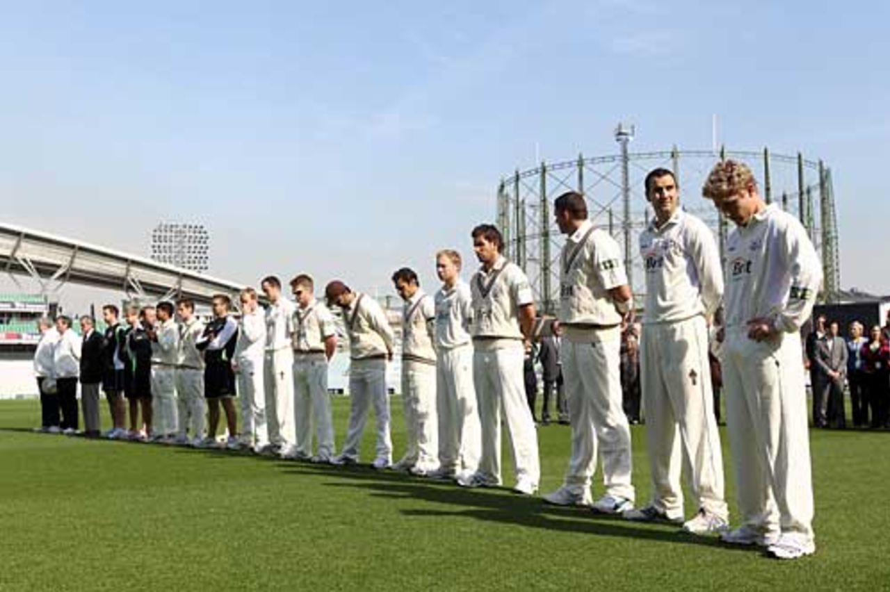 The Surrey and Derbyshire players observed a minutes silence in memory of Alec Bedser, Surrey v Derbyshire, County Championship Division Two, The Oval, April 9, 2010
