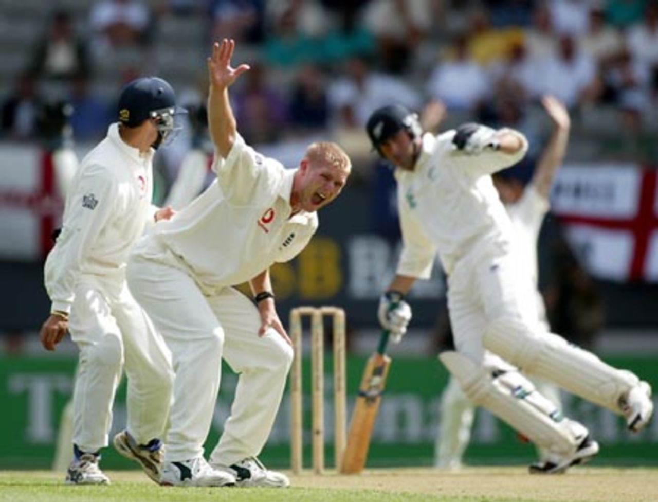 England bowler Matthew Hoggard (centre) unsuccessfully appeals for lbw against New Zealand batsman Stephen Fleming (right). Fielder Mark Ramprakash (left) looks on. 3rd Test: New Zealand v England at Eden Park, Auckland, 30 March-3 April 2002 (30 March 2002).