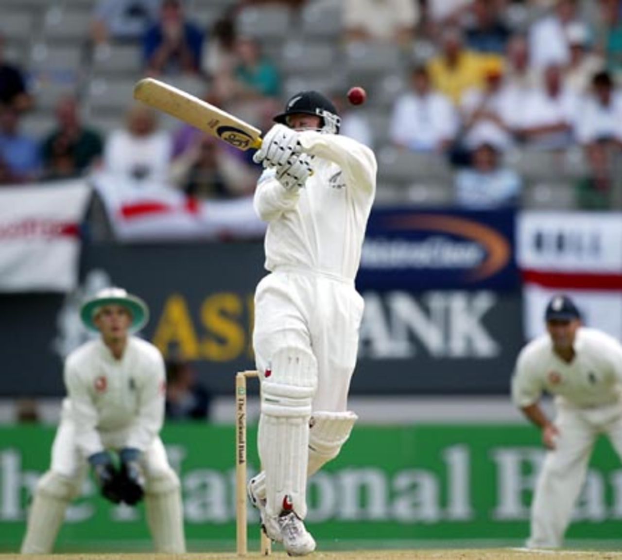 New Zealand batsman Chris Harris misses an attempted pull at a short delivery. Harris ended the first day on 55 not out. 3rd Test: New Zealand v England at Eden Park, Auckland, 30 March-3 April 2002 (30 March 2002).