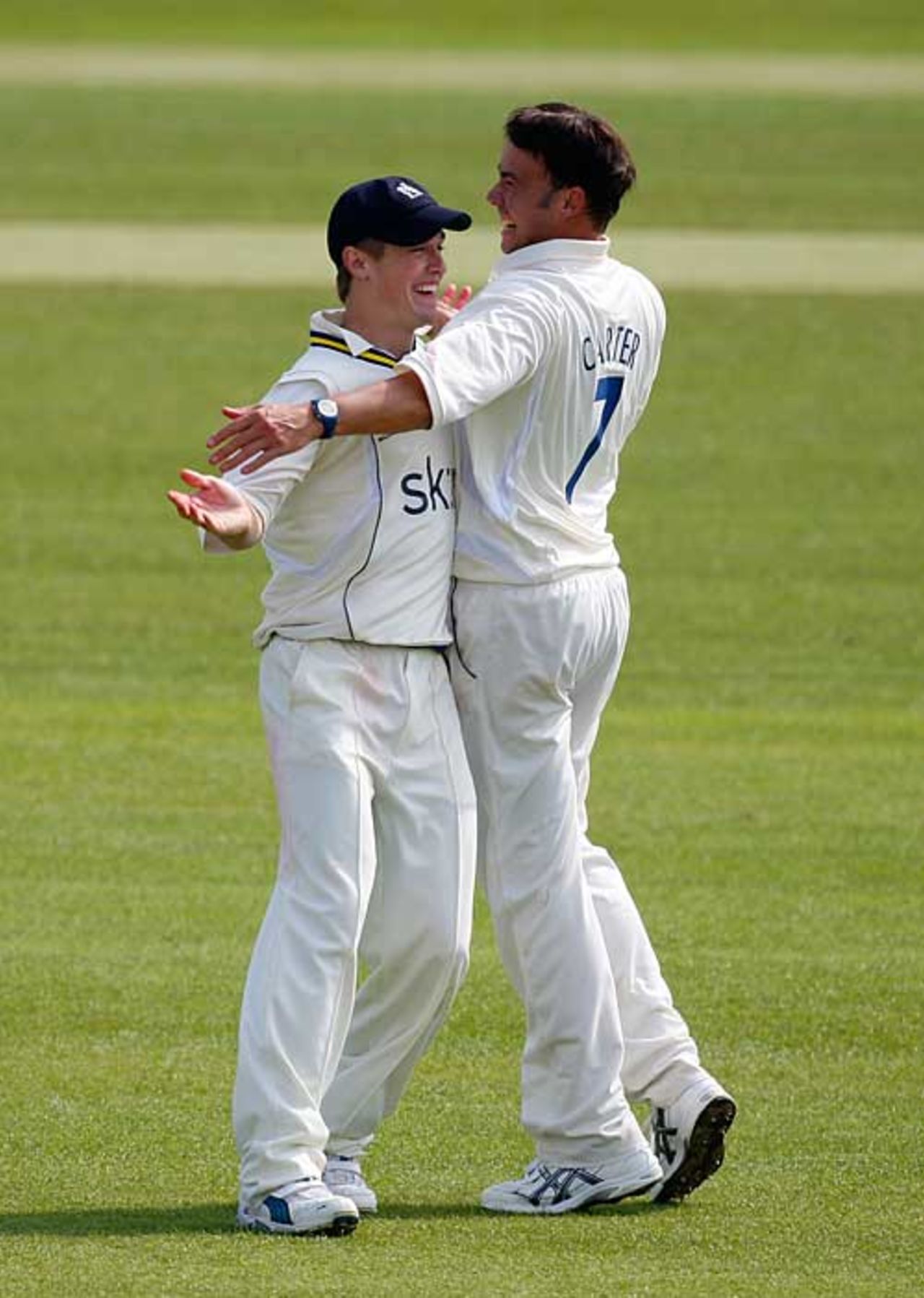 Neil Carter (r) and Chris Woakes removed Jonathan Bairstow, Warwickshire v Yorkshire, County Championship Division One, Edgbaston, April 10, 2010