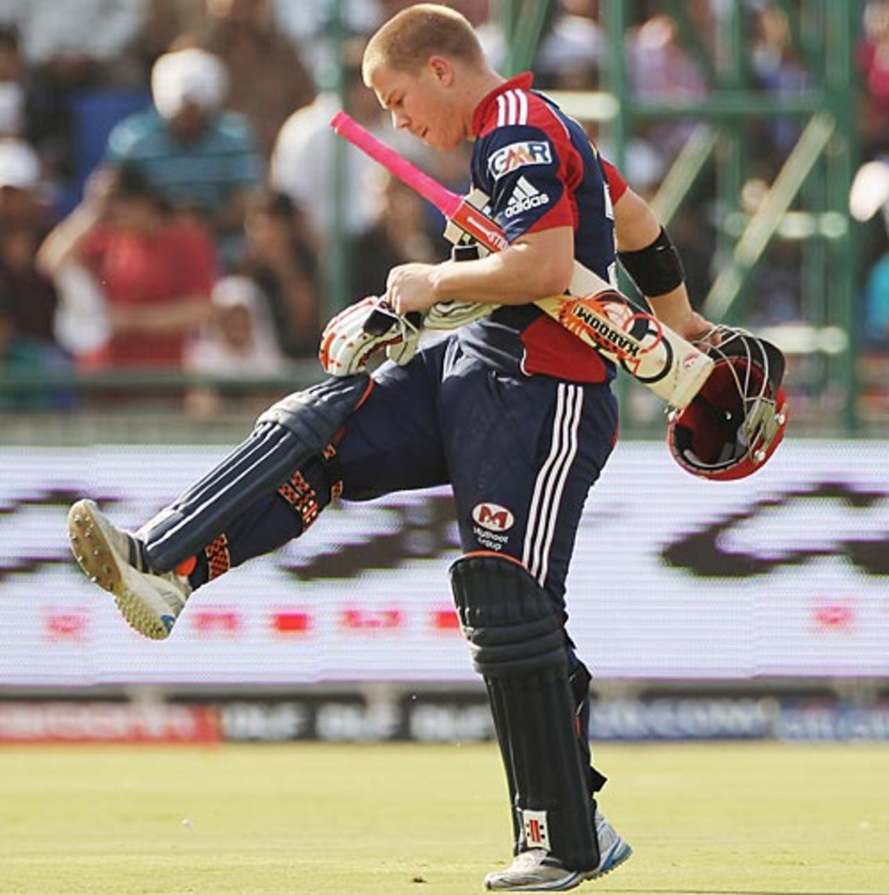 David Warner is disappointed after his run out, Delhi Daredevils v Kings XI Punajb, IPL, Feroz Shah Kotla, April 11, 2010
