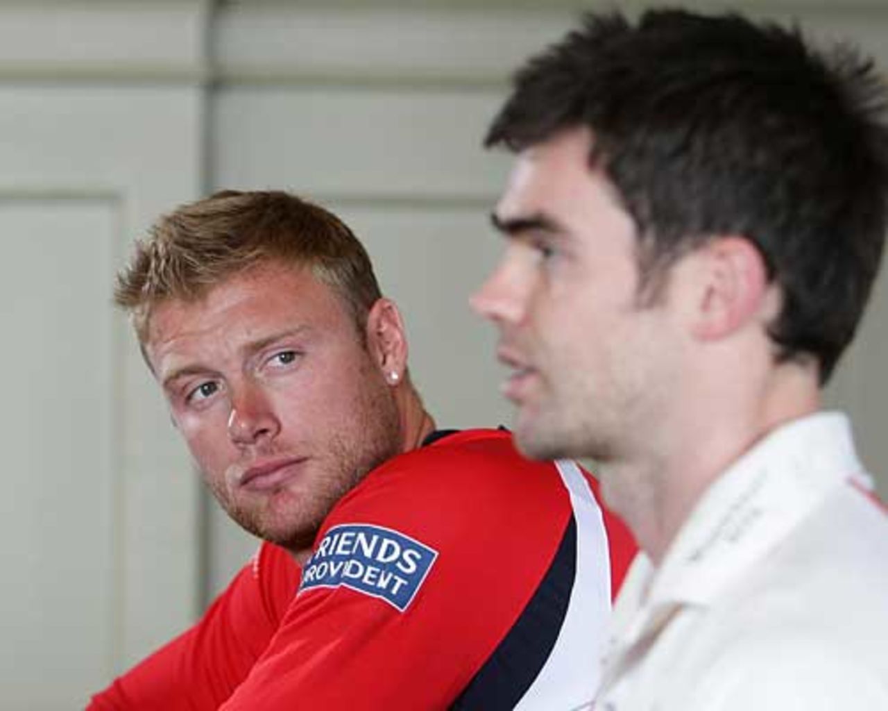 Andrew Flintoff and James Anderson attend a press conference, Old Trafford, April 12, 2010