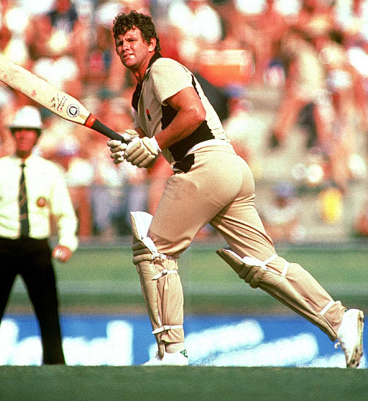 Lance Cairns bats with a unique bat during a one-day international, July, 1978